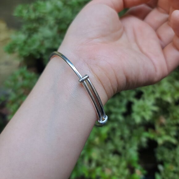 999.9 Fine Silver Bangle w Patterned Inlay Chinese Export Adjustable Bracelet - Picture 3 of 7